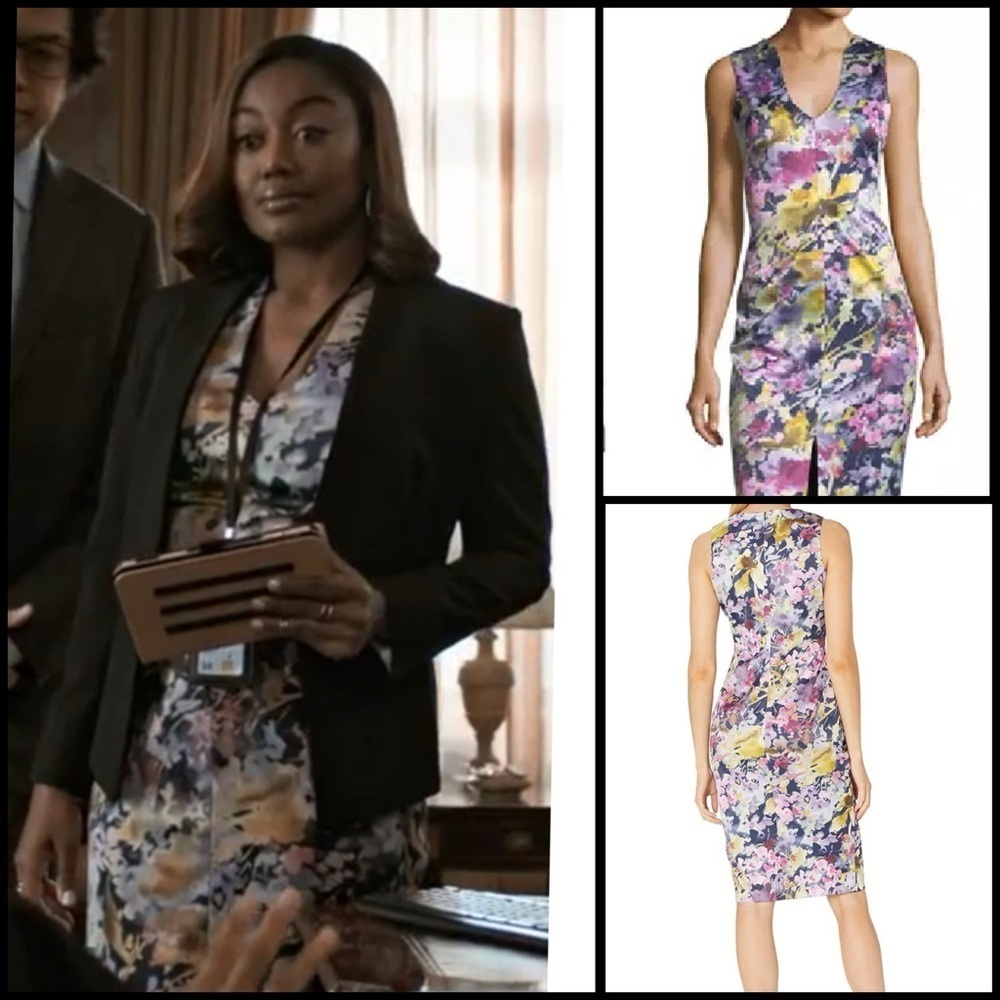 ASO TV Madame Secretary Black Halo Coral Floral Sleeveless Sheath Dress 14